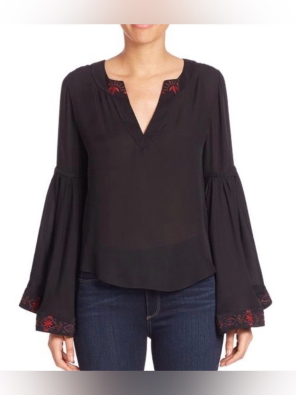 Cinq a Sept Bohemian Embroidered Silk Long Bell Sleeve Top Black Red Medium